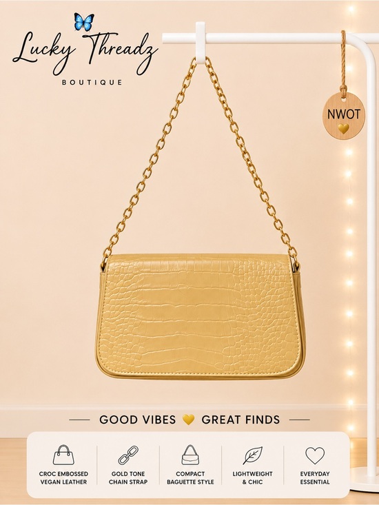 Handbags - Light Mustard Yellow Croc Embossed Shoulder Bag Gold Chain NWOT Baguette Purse